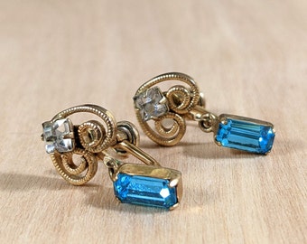 Amco Gold Filled Earrings - Vintage Screw on - Blue Clear Rhinestones - Small Pair