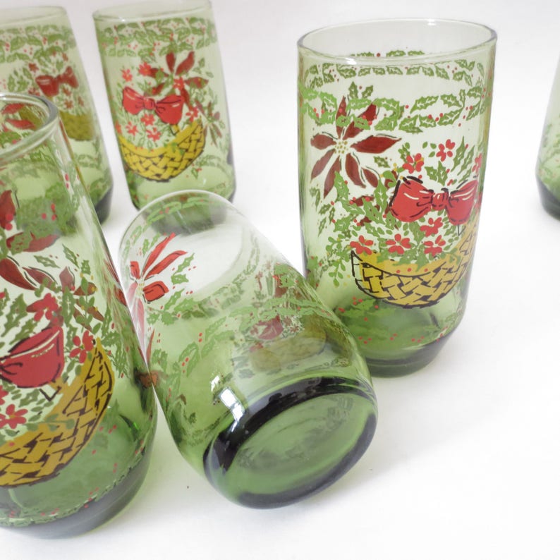 Vintage Christmas Glasses Green Poinsettia Flower Floral Holiday Set of 6 Tumblers Retro Juice Glasses Anchor Hocking