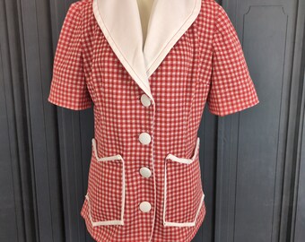 Vintage 70's Blazer - Red and White Gingham Stretch Knit Short Sleeve Shirt - Women's Size Medium