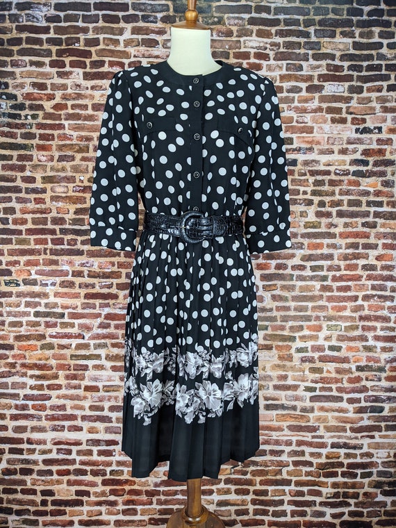 Vintage 80's Dress - Black White Polka Dots - Shi… - image 2