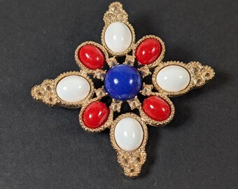 ヴィンテージ マルタ十字ブローチ（赤、白、青のカボション付き）Sarah