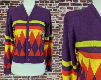 Colorful Vintage Sweater Women's Small 60's Button up Cardigan Purple Yellow Orange Argyle