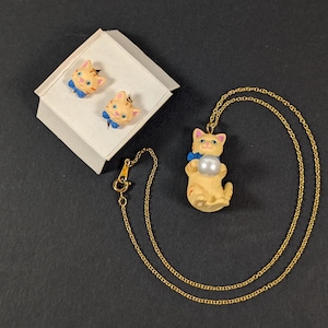 Vintage Avon Cat Jewelry Set Necklace and Earrings - Orange Tabby