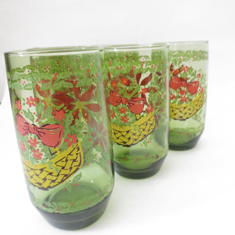 Vintage Christmas Glasses Green Poinsettia Flower Floral Holiday Set of 6 Tumblers Retro Juice Glasses Anchor Hocking