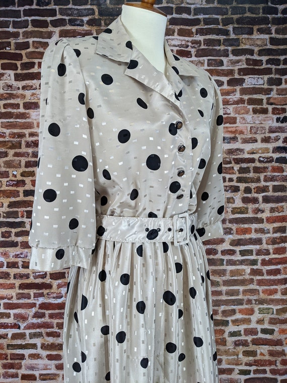 Vintage 80's Dress - Black Ecru Polka Dots - Shir… - image 2