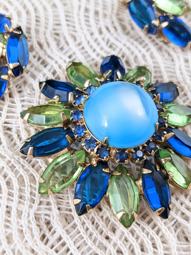 Vintage Rhinestone Brooch and Earrings Set Blue and Green Marquise Stones