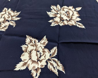 Vintage Floral Sewing Fabric - Blue White Brown Rayon Blend - 1+ Yards