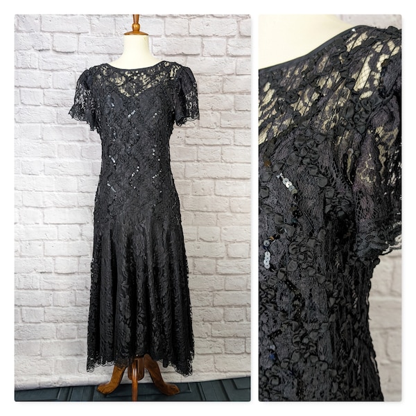 Vintage Black Lace Sequin Formal - Drop Waist Short Sleeve Dress - Size 10 Medium 80's 90's Formal Dress