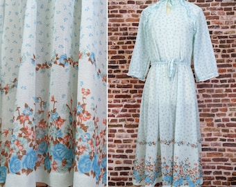 Vintage 70's Floral Dress - Border Print Skirt Peasant Dress - Size Medium