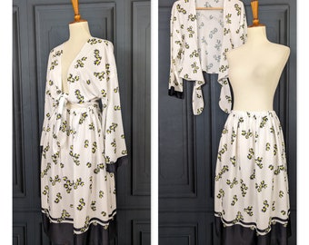 Vintage Two Piece Dress - 60's 70's Floral Print Tie Waist Crop Top and Skirt - Size Medium Large