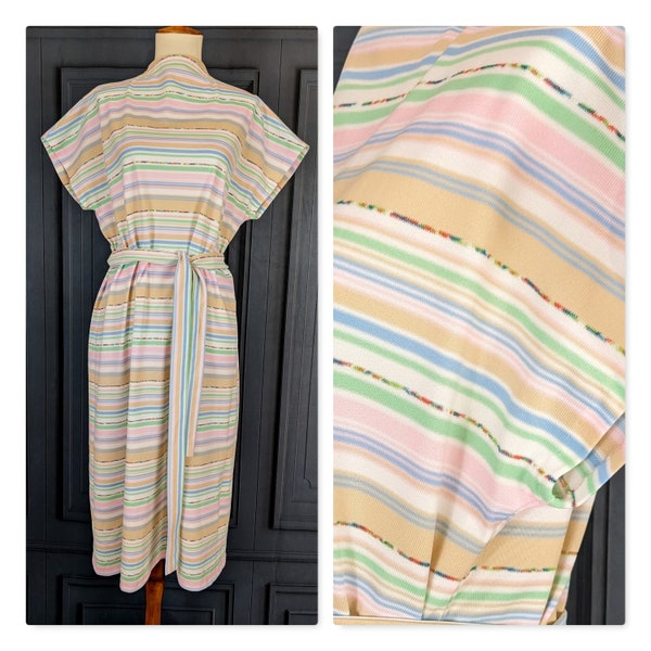 Vintage 70's Striped Shift Dress - Size Large - Colorful Pastel Striped Belted Dress