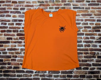 Vintage Y2k Halloween Shirt - Orange Black Flocked Spider - Size XXL Boxy Sleeveless Shirt Ladies Women's