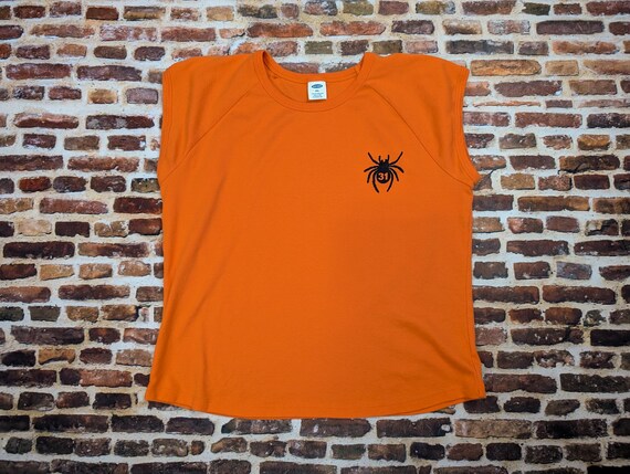 Vintage Y2k Halloween Shirt - Orange Black Flocked Spider - Size XXL Boxy Sleeveless Shirt Ladies Women's