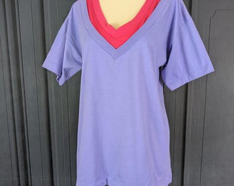 Vintage 80's 90's Deep V Neck Color Block T Shirt - Size Medium - Lilac Purple and Pink