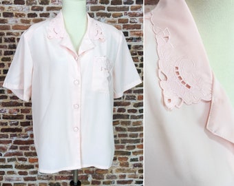 Vintage 80's Blouse - Boxy Pink Shoulder Pad Button up Shirt Lace Cutout Detail - Size 10 Medium