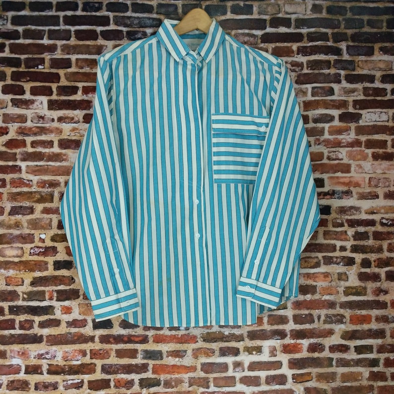 Vintage Striped Button Shirt Men/'s Women/'s Blue White Summer Cotton Shirt Long Sleeve