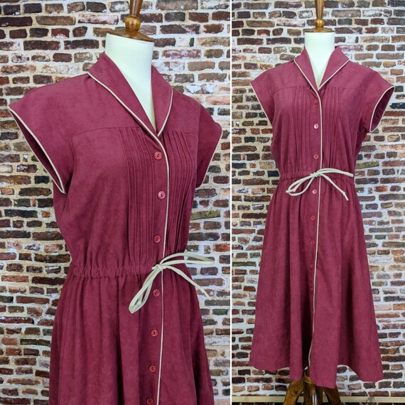 Burgundy Microsuede Dress - Simple 70's Short Sle… - image 1