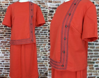 Wool 60's Women's Skirt Suit Two Piece Dress - Orange Shirt and Skirt - Size Large