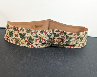 Unique Vintage Mid Century Ladies Belt - Leather Printed Fabric Covered - Hopkins of Chicago Waist Size 28.25 - 29.5"