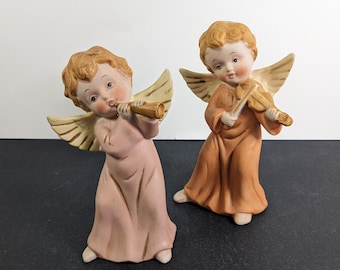 Dos ángeles Homco vintage - Querubines de cerámica bisque decoración navideña