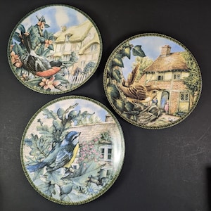 3 Vintage Decorative Plates with Songbirds - English Cottage Decor - Decorator Collector Wall Plates