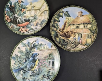 3 assiettes décoratives vintage avec oiseaux chanteurs - décoration cottage anglais - assiettes murales de collection