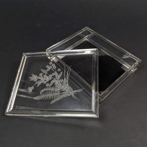 Puede incluir: Una caja cuadrada de acrílico transparente con tapa extraíble. La tapa presenta un diseño botánico grabado de pequeñas flores y hojas similares a helechos. El interior de la caja está forrado con un material de terciopelo negro.