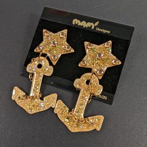 Vintage 80's oorbellen Mam Designs Artisan Jewelry Card goudkleurig glitteranker