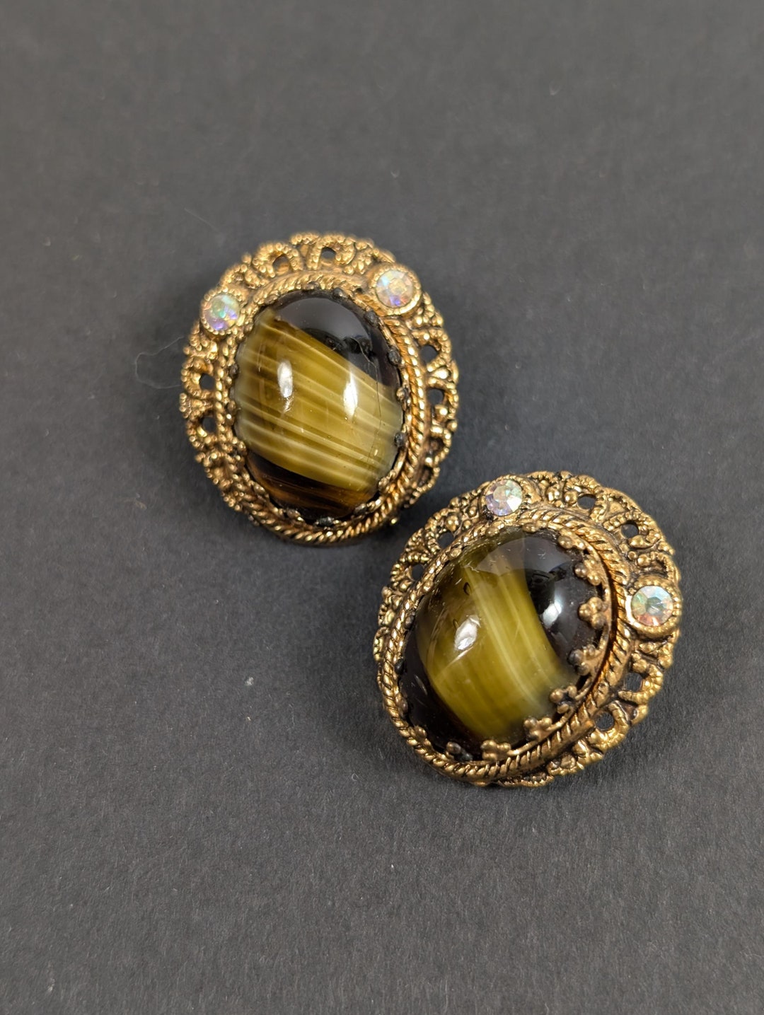 Vintage Made in West Germany Clip on Earrings - Gold Tone Rhinestones ...