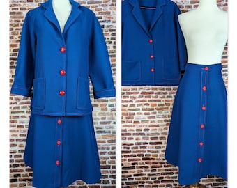 Mod Vintage Suit - Women's Dark Blue Skirt Suit Red Buttons with Matching Jacket Size Large