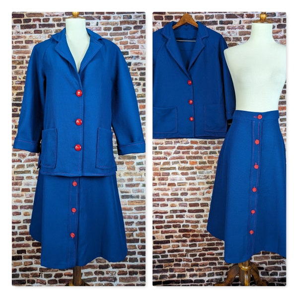 Mod Vintage Suit - Women's Dark Blue Skirt Suit Red Buttons with Matching Jacket Size Large