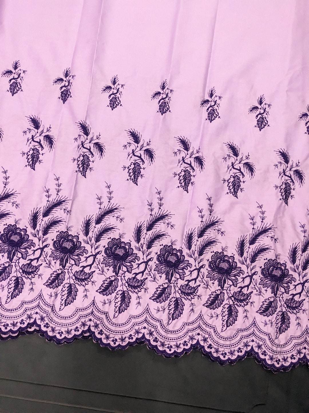 Vintage Border Print Embroidered Fabric Purple Flowers Cotton Blend 3