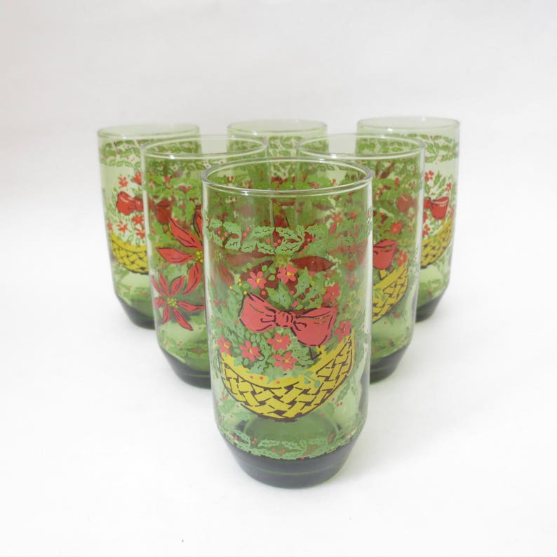 Vintage Christmas Glasses Green Poinsettia Flower Floral Holiday Set of 6 Tumblers Retro Juice Glasses Anchor Hocking
