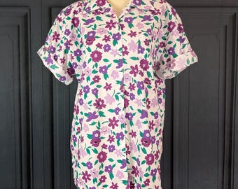 Vintage Purple Violet Flower Blouse with Shoulder Pads - 80's 90's Button Front Shirt - Size Large L