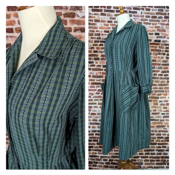 Vintage Green Plaid Shirtwasit Dress - 60's 70's Cotton Dress with Pockets and Sleeves - Size Medium Large
