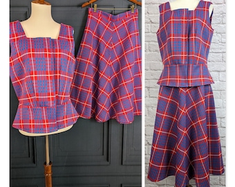 Vintage Mod Two Piece Plaid Dress - Red and Blue Plaid Skirt and Vest Shirt - Size Medium Large