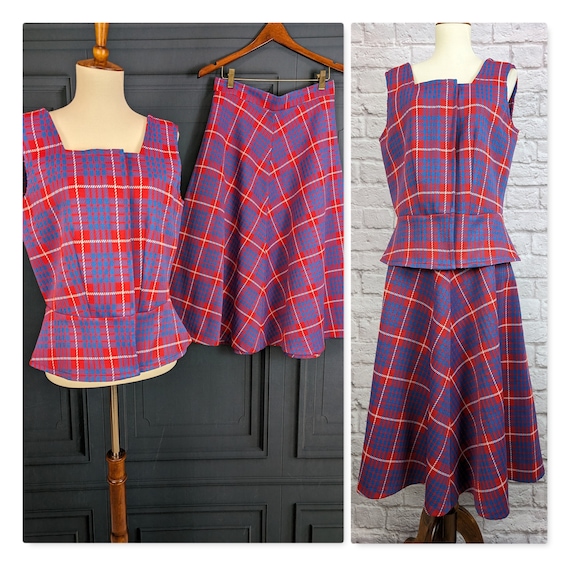 Vintage Mod Two Piece Plaid Dress - Red and Blue … - image 1
