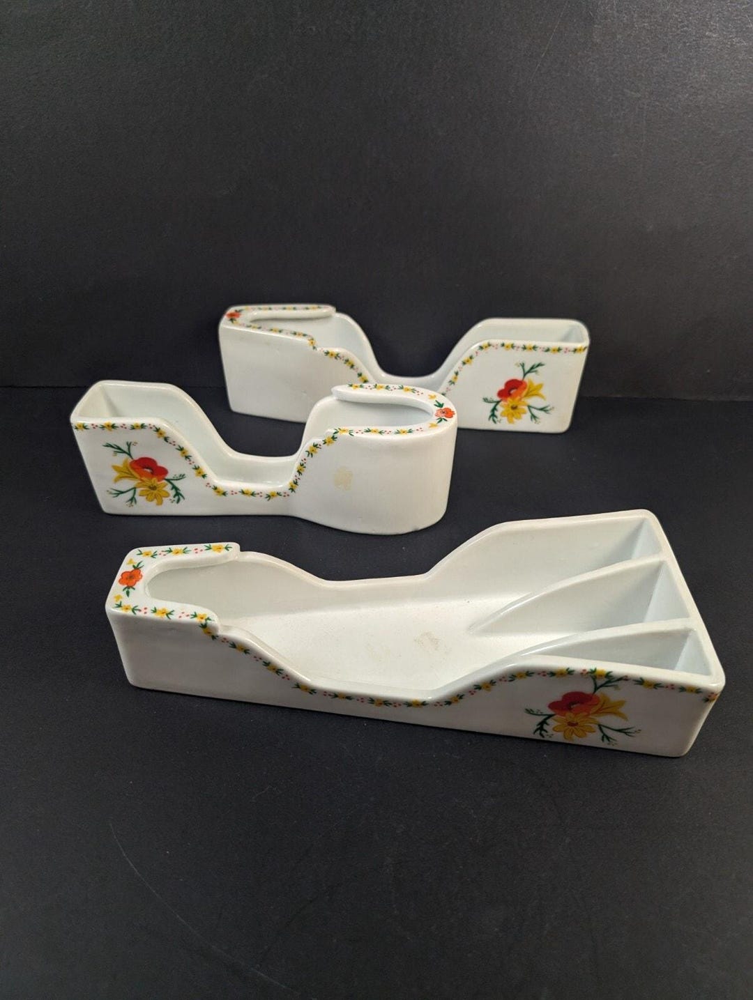 Vintage Porcelain Buffet Silverware Flatware Caddy Holders Floral ...