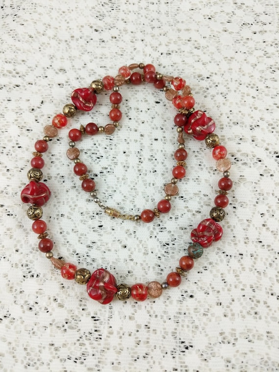Vintage Glass Beaded Necklace Red Gold Tone Beads… - image 2