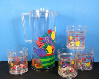 Vintage 90's Plastic Pitcher and Tumbler Set - Colorful Fruit Print Set with Glitter Inside - Leahy Designs