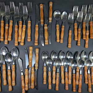 Vintage Old Homestead Flatware Set Lot of 47 Pieces Wood Handle 70's Silverware