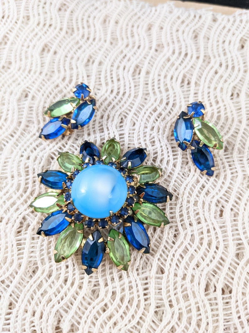 Vintage Rhinestone Brooch and Earrings Set Blue and Green Marquise Stones