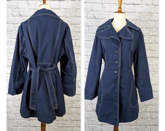 Vintage Belted Short Trench Coat Style Jacket - Women's 70's 80's Blue Button Front Jacket - 1X XL