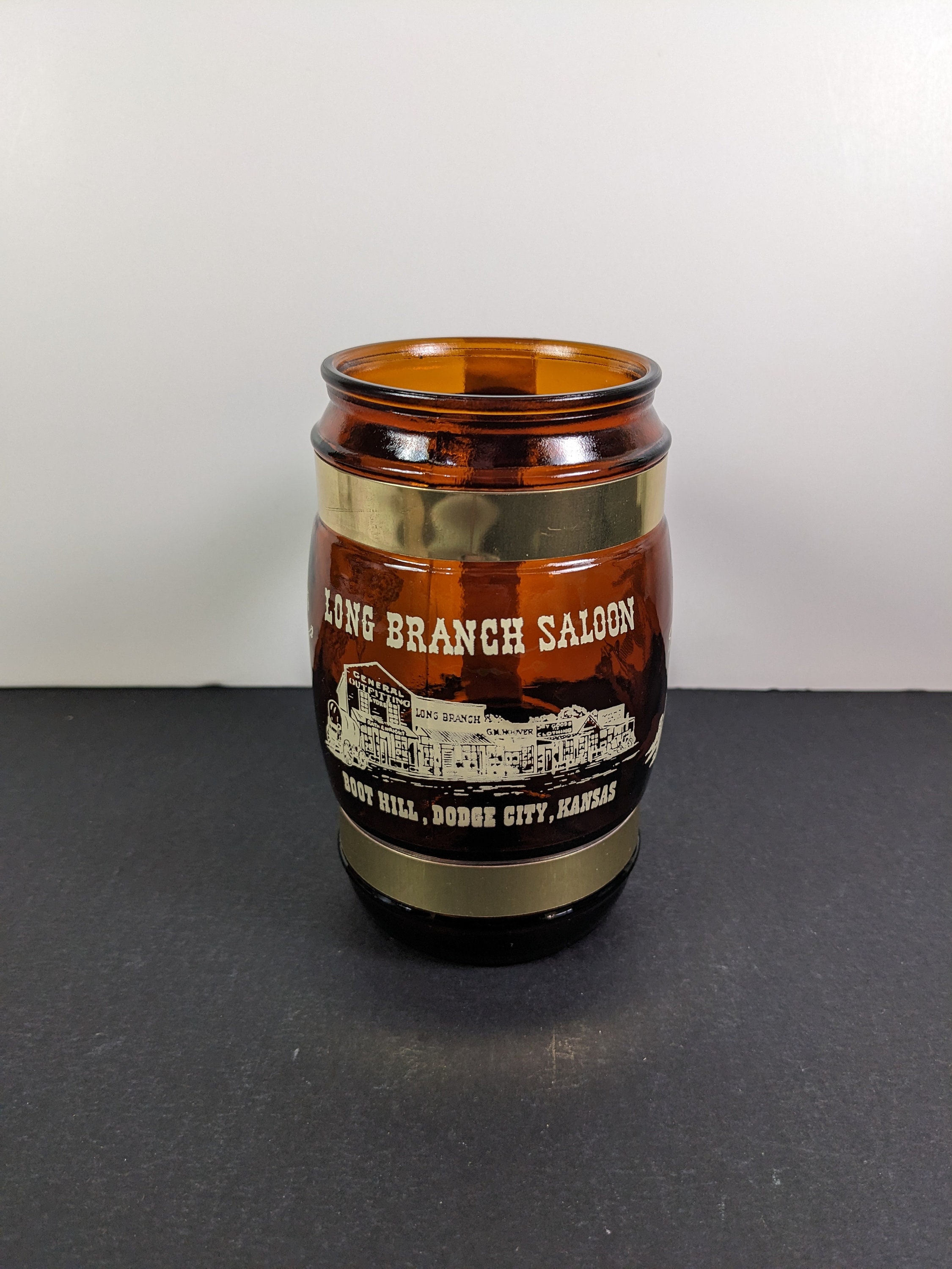 Long Branch Saloon Boot Hill Dodge City Kansas Vintage Siesta Ware Souvenir  Mug Brown Glass With Wooden Handles 
