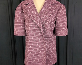 Chaqueta blazer vintage de manga corta de los años 70 - Tejido elástico granate con flores - Talla grande para mujer