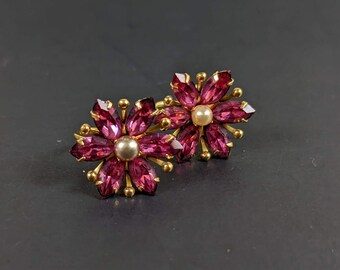 Vintage Gold Filled Pink Rhinestone Earrings - Signed ACM - Mid Century Flowers