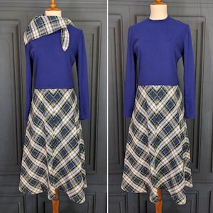 Vintage Dress - Blue Long Sleeve Maxi Dress with Plaid Skirt - Size Medium