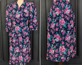 Vintage Floral Skirt Suit - Pink Roses Navy Blue Jacket and Skirt - Size 12 Medium Large Ladies