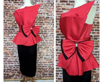 Vintage 80's Formal Party Dress - Black and Red Asymmetrical Sculpted - Size XS Red Satin and Black Velvet