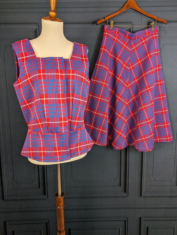 Vintage Mod Two Piece Plaid Dress - Red and Blue … - image 2